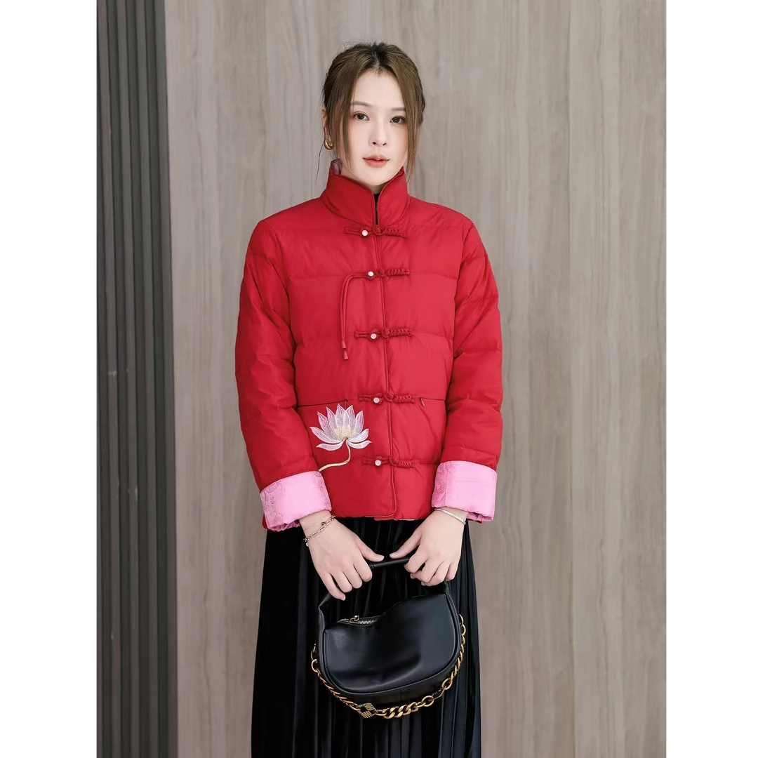 时尚唐装女中国风高端冬款独特漂亮短款羽绒服红色喜庆新年战袍冬