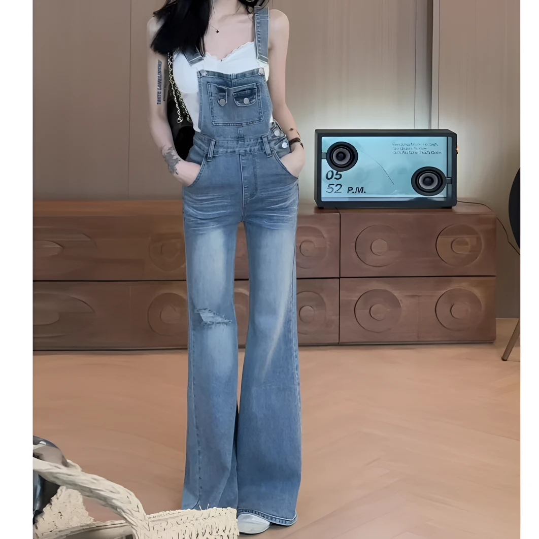 春夏女士复古破洞高腰百搭时尚感宽松显瘦小众背带微喇牛仔背带裤