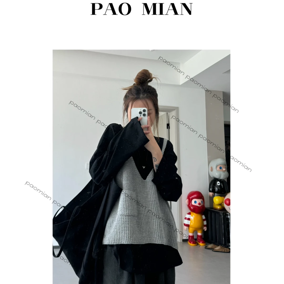 【 PAOMIAN 】复古针织吊带背心宽松慵懒风马甲v领上衣外穿时尚百搭