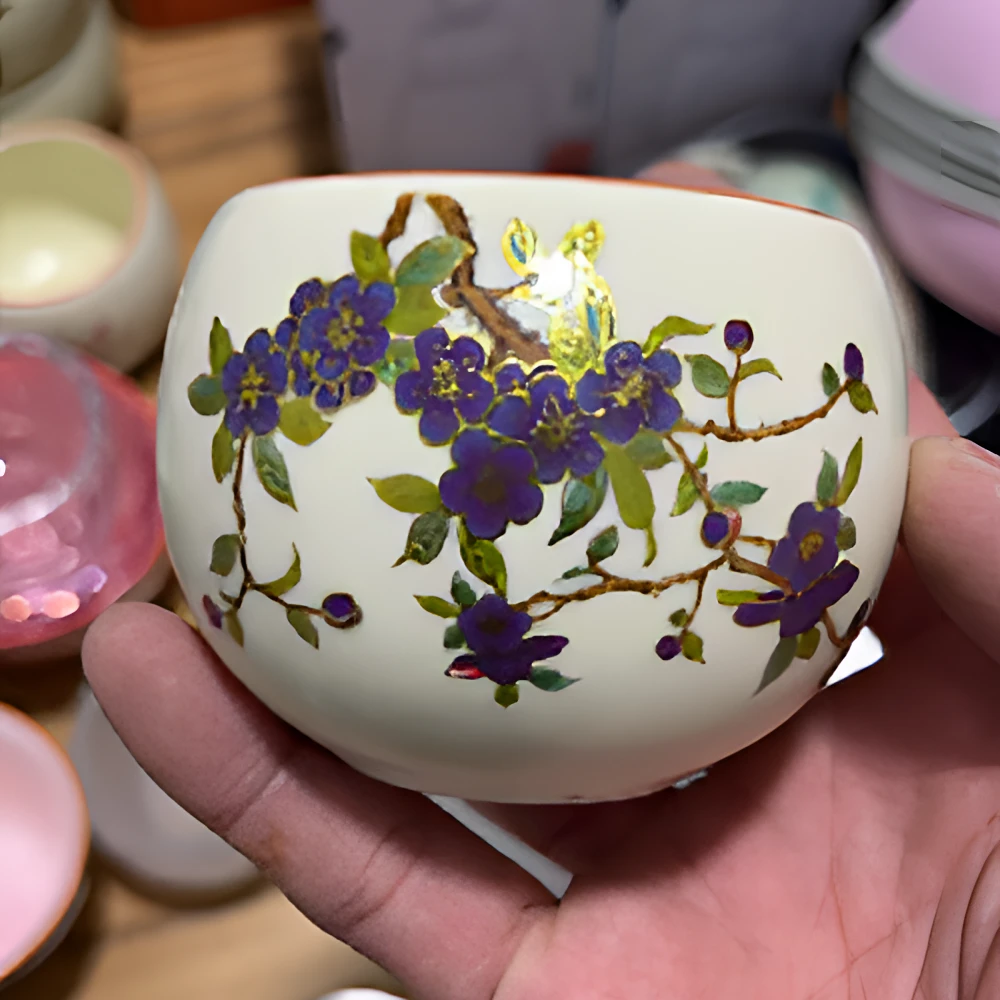 G3165-米黄汝窑紫藤花主人杯