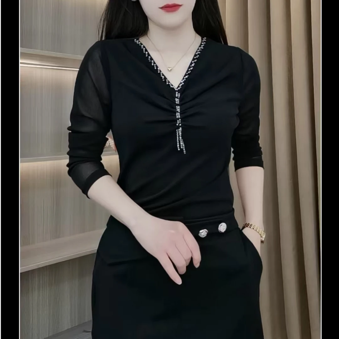 2025--秋冬长袖时尚V领百搭气质显瘦网红设小衫上衣洋气衣服女69