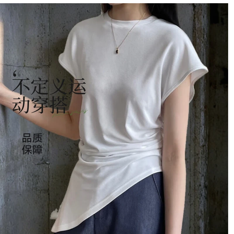 MORNING MONIN褶皱不规则设计感短袖t恤女2025新款纯色褶皱下垂感