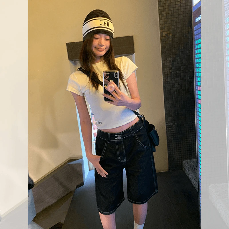 2025新款洋气衣服女圆领小众短款韩版T恤上衣休闲辣妹牛仔短裤