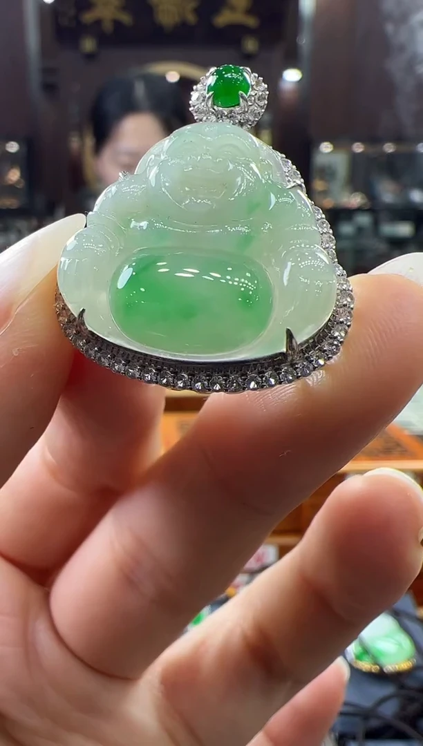 翡翠挂件18K金镶嵌佛公 不含链