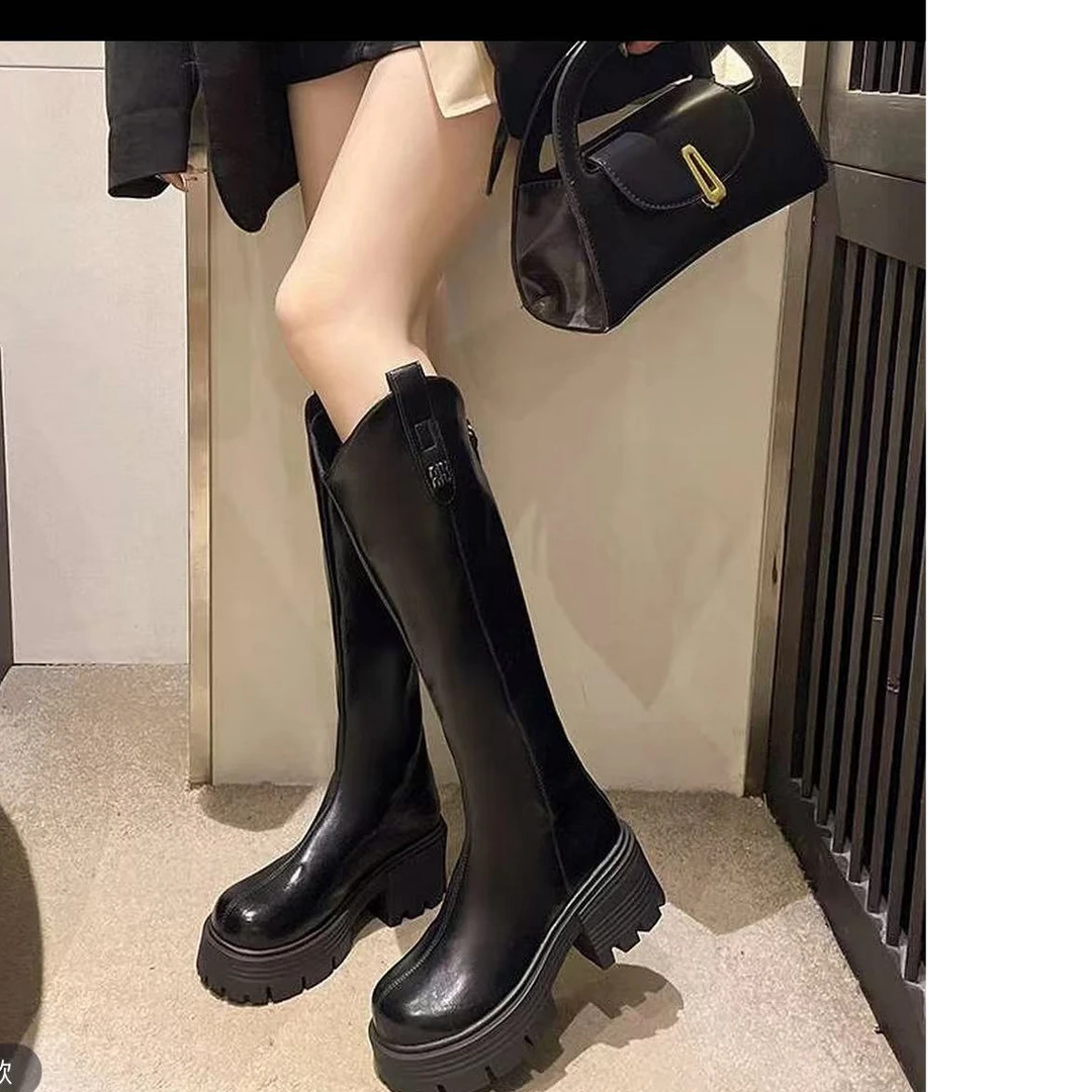 厚底女靴时装靴2025冬季新款中筒骑士靴显瘦小个子粗跟瘦瘦靴女