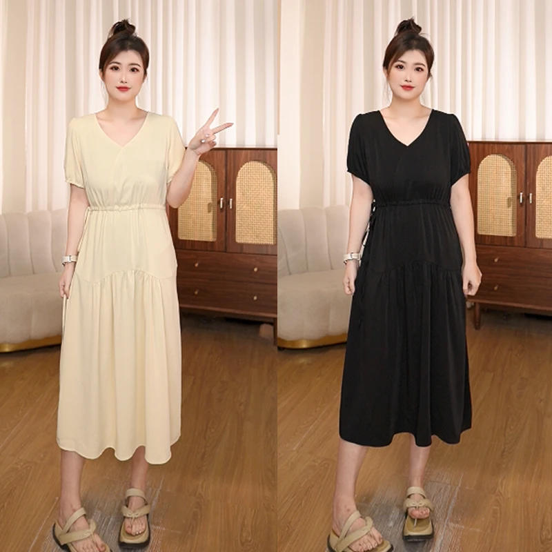 《哆啦》夏季大码女装V领收腰显瘦百褶蛋糕裙胖mm雪纺连衣裙 25061