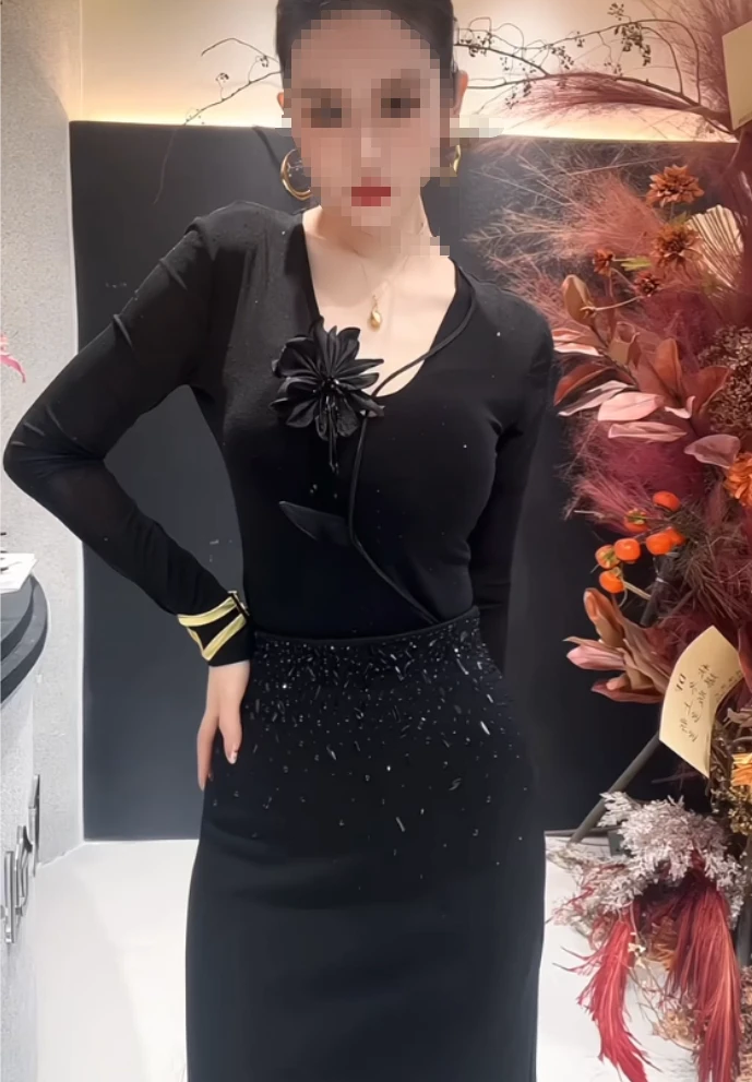 盛雅姿加绒高腰鱼尾裙气质时尚重工烫钻中长裙(裙长99左右)80077