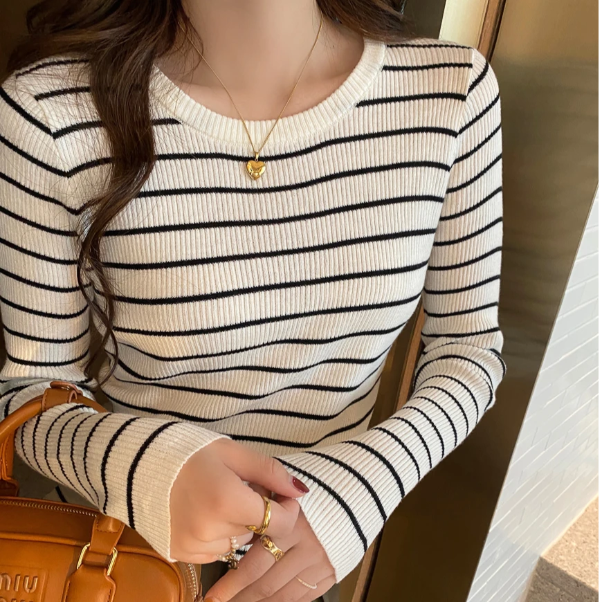 针织衫女2025新款圆领毛衣百搭长袖早秋季内搭打底衫条纹上衣外穿