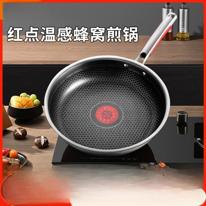 康版窝红点温感不锈钢平底煎锅电磁炉燃气灶通用直径28cm