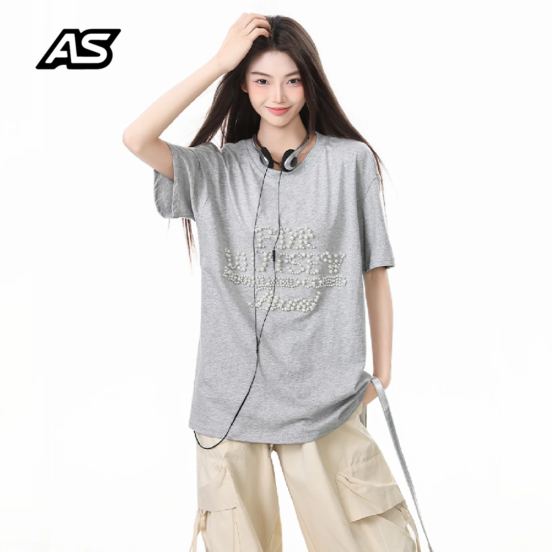 AS|珍珠重工美式宽松T恤圆领字母纯棉上衣男女同款夏情侣装潮短袖