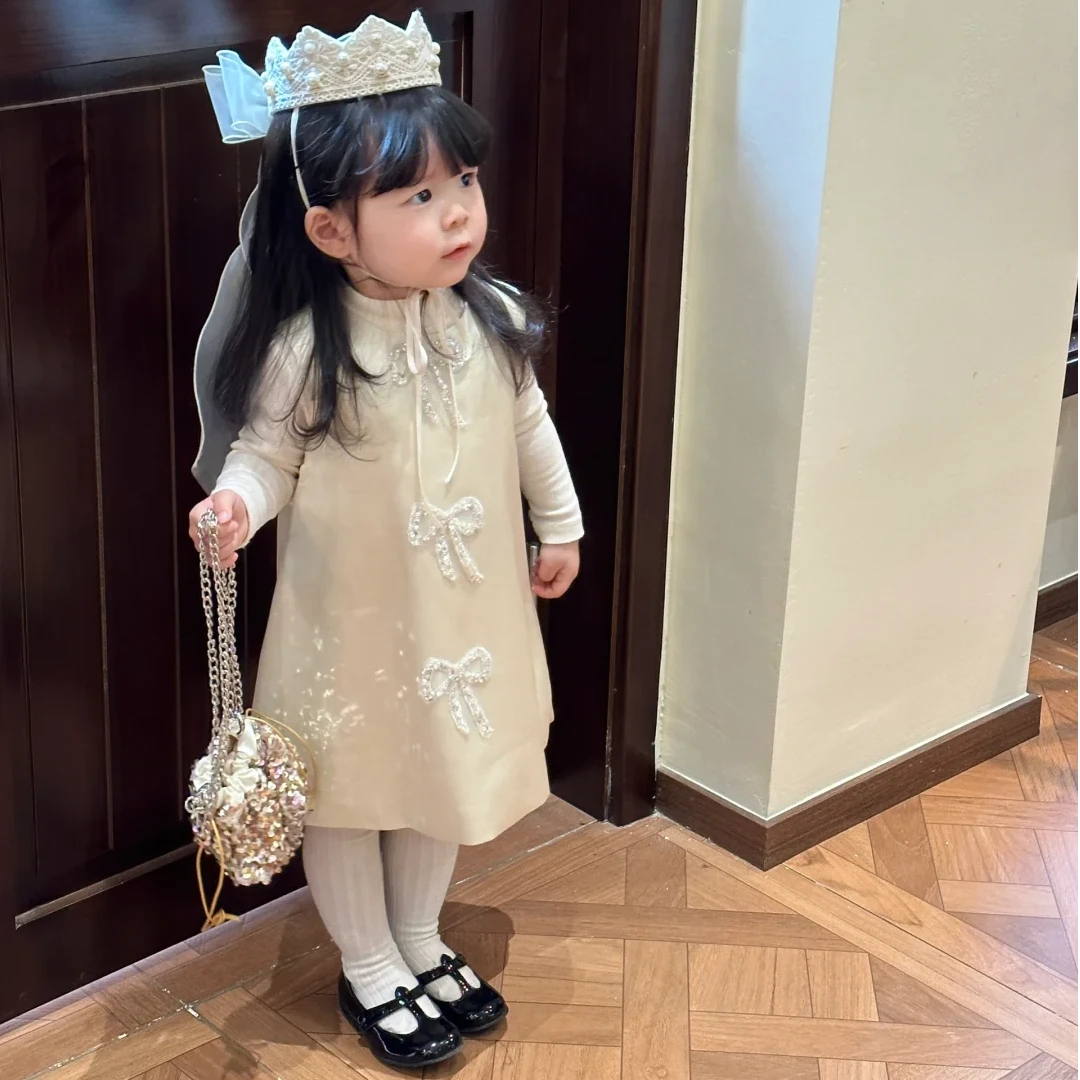 壹妈儿童洋气连衣裙套装秋装新款童装女童蝴蝶结缎面背心裙打底衫