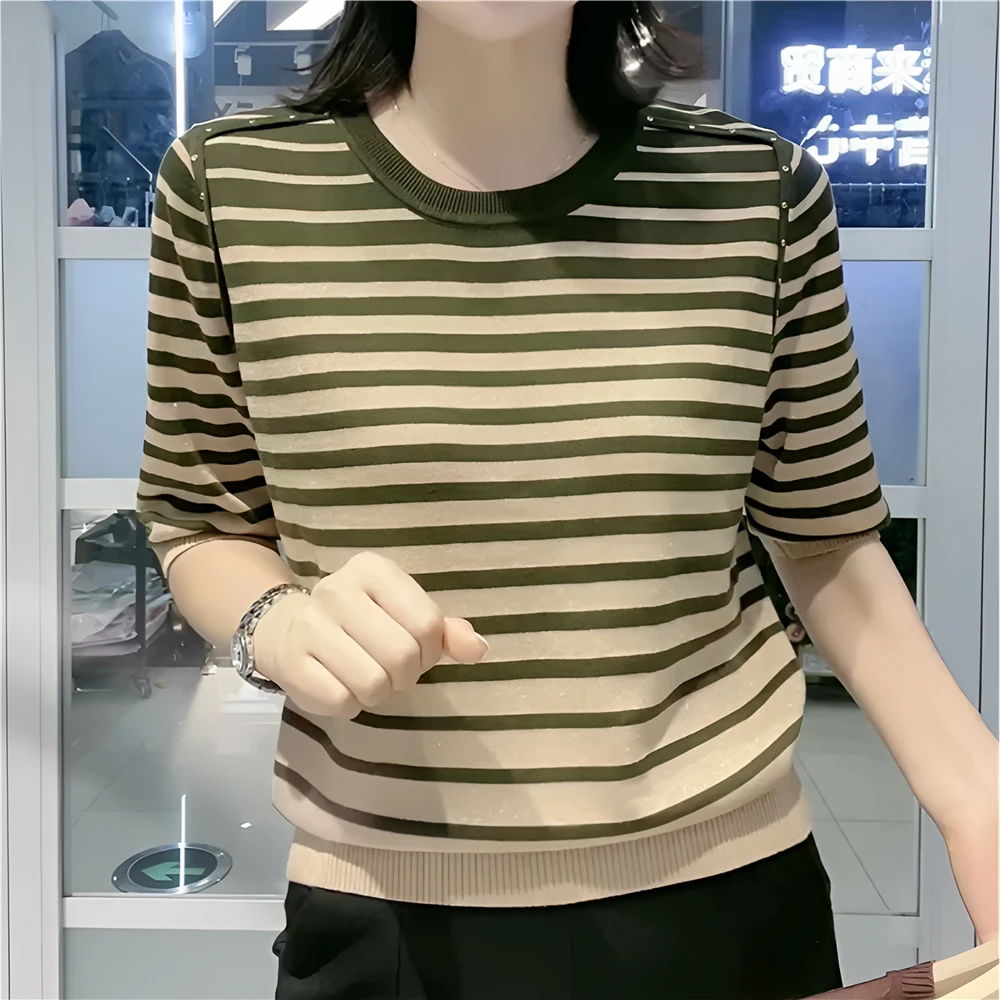 【2025新款】百搭圆领条纹针织衫休闲时尚上衣夏季显瘦短袖