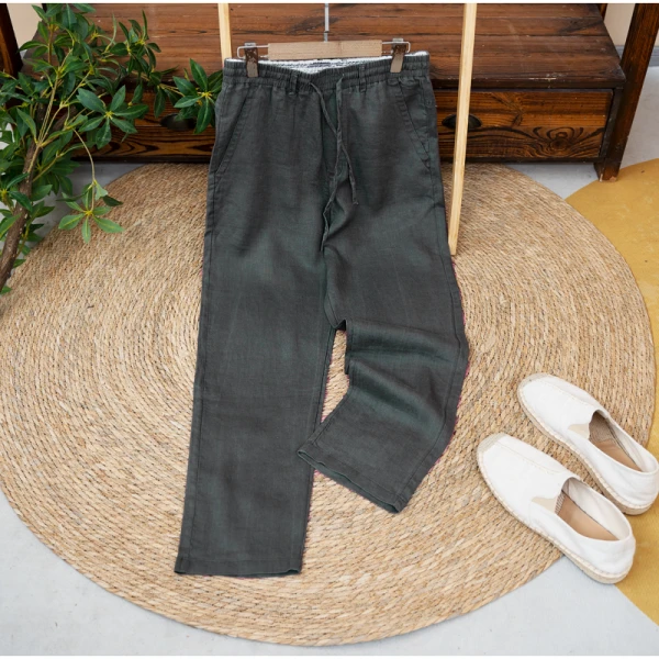 纯亚麻男士休闲裤垂感直筒宽松百搭男裤国风松紧腰长裤子