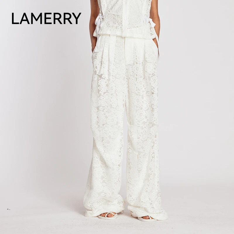 LAMERRY 白/黑色复古捏褶立体浮雕蕾丝微透设计长裤性感LWFR2K154