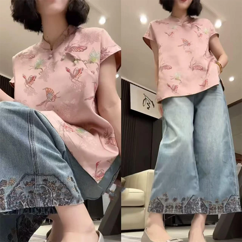 时尚显瘦气质套装女2025夏季新款网红洋气上衣牛仔裤两件套复古款