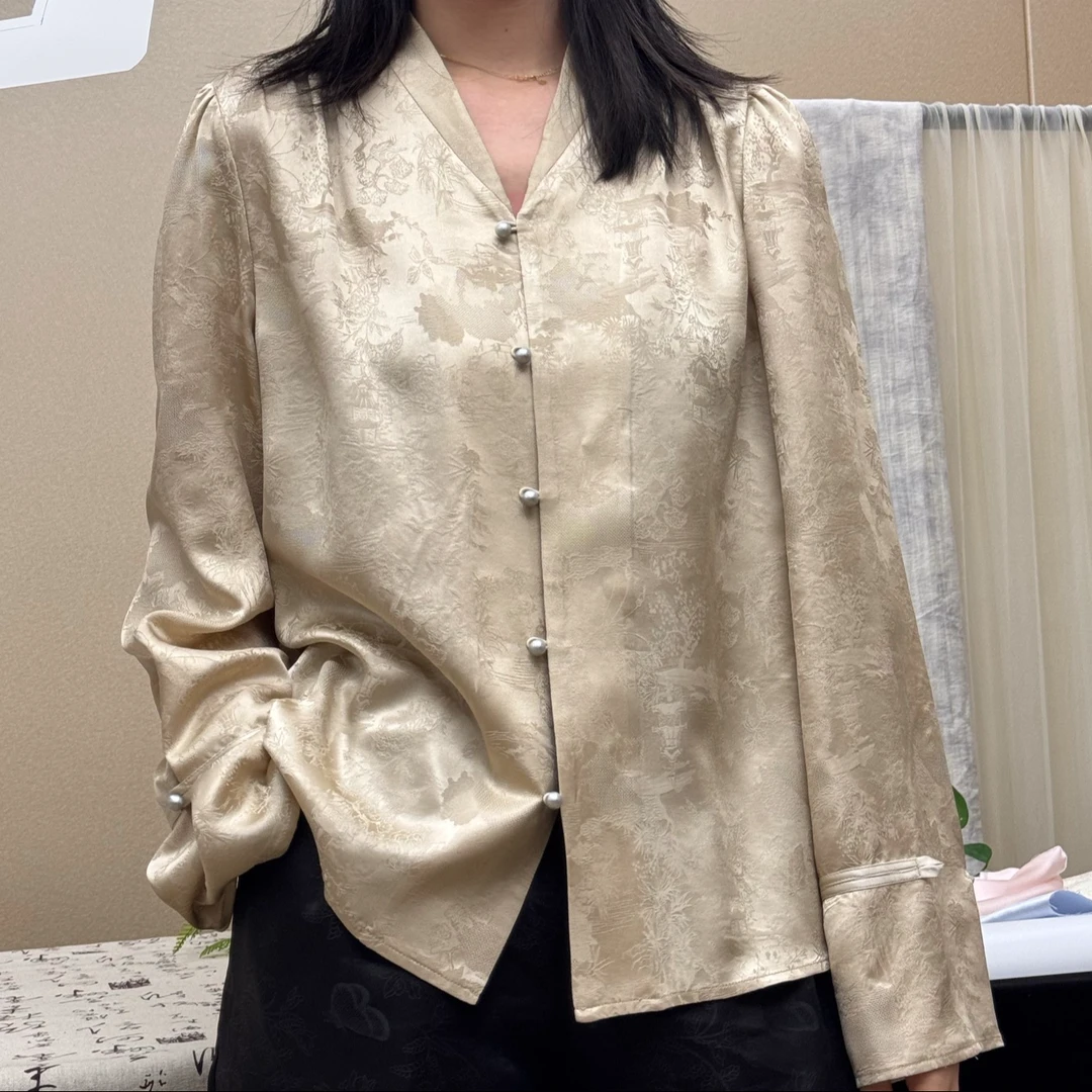 100%桑蚕丝花萝衬衫新中式国风女装L25SS019