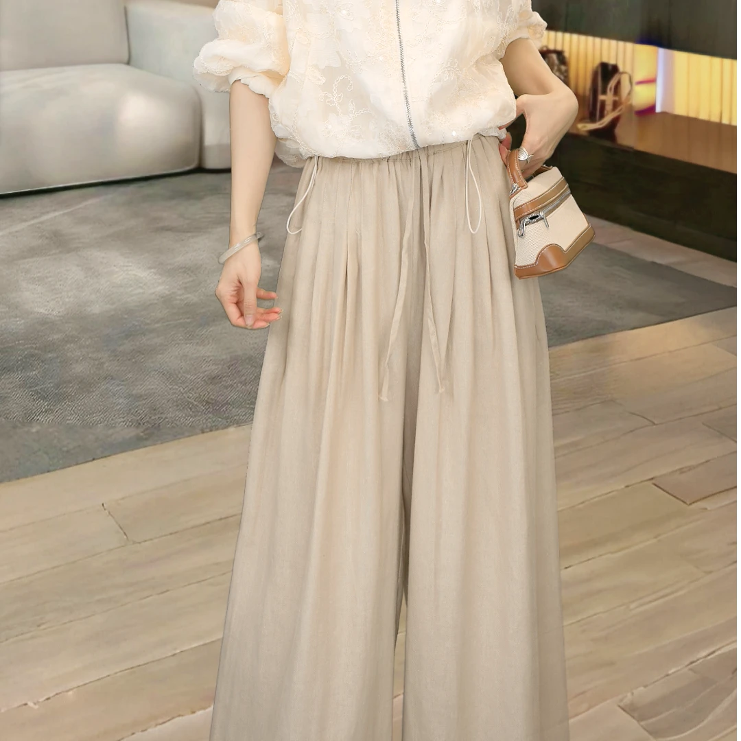 高腰阔腿裤女宽松垂感高级休闲裤子夏季松紧腰夏装女装女款杏色