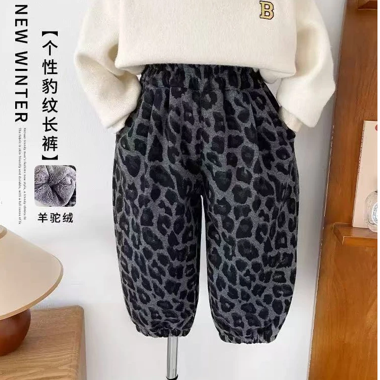 子航同款 冬季新款儿童韩版帅气加绒加厚豹纹休闲裤dk7067