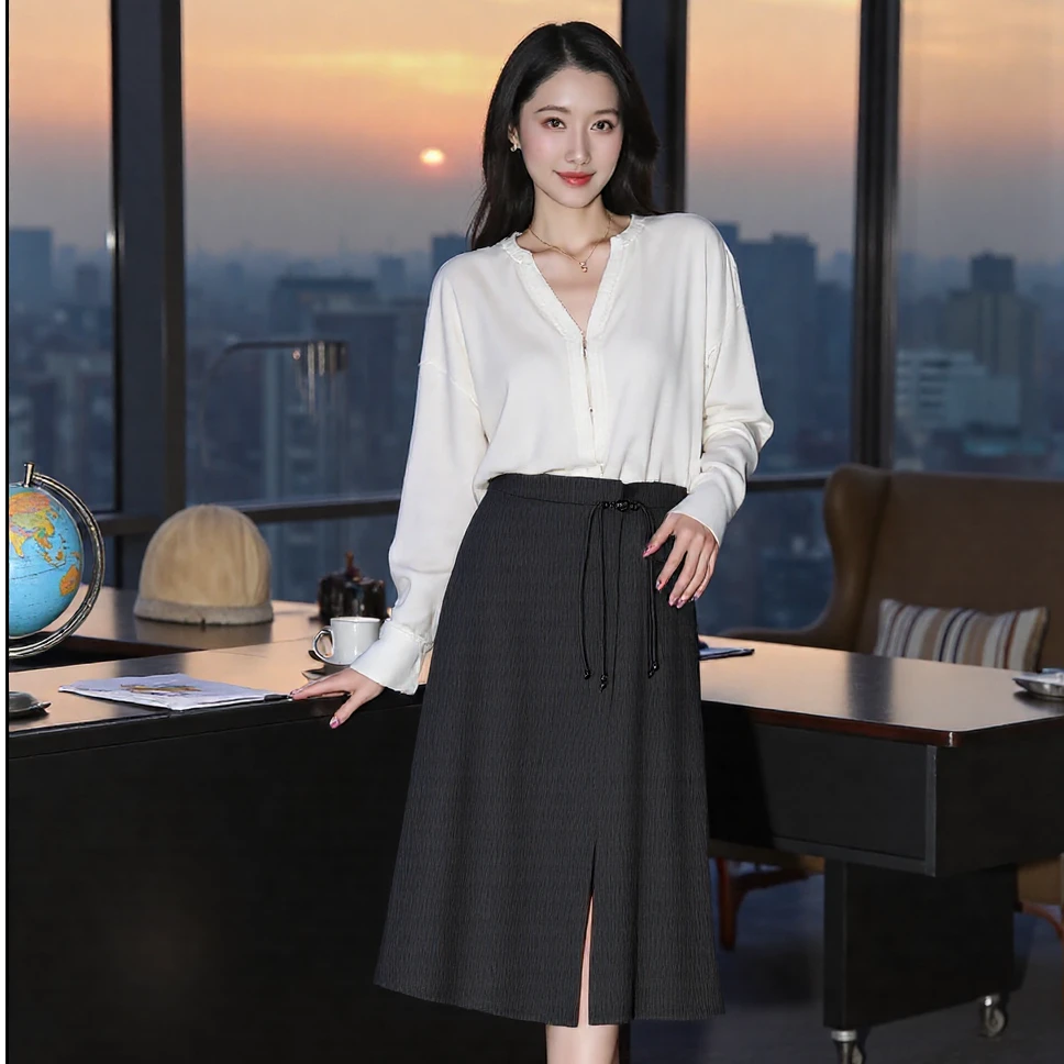 【达人专属】春夏半身裙女中长款不规则褶皱系带小黑裙KL10508