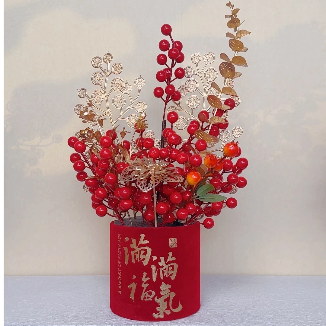 中号福桶绒布印花餐边柜摆件婚庆开业仿真花乔迁新居布置装饰用品