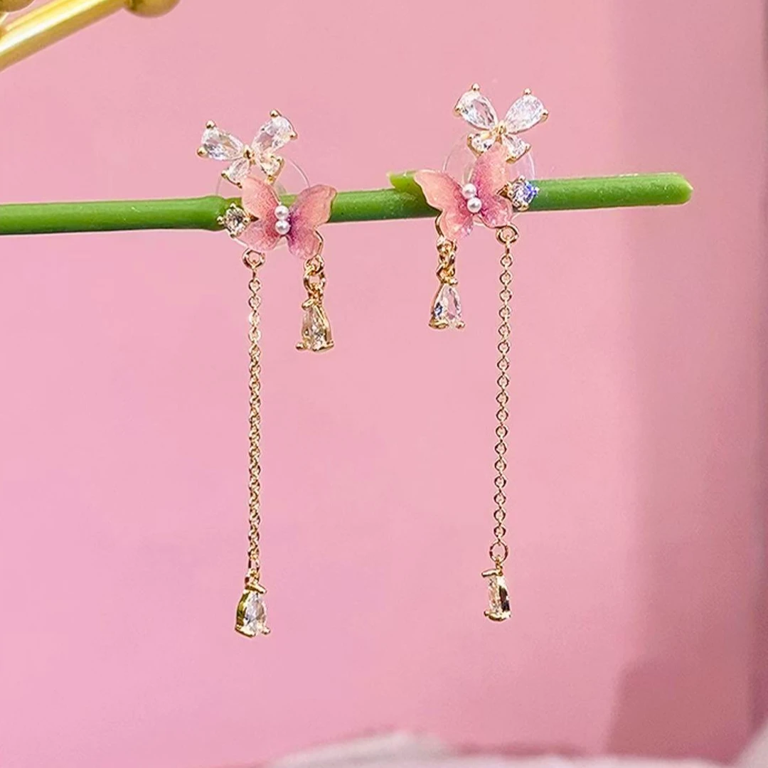 铜合金锆石耳饰 (117号)925银个性蝴蝶流苏气质女神时尚百搭设计