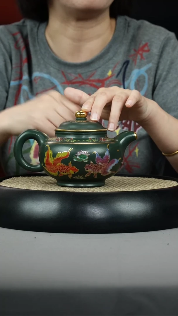 茶壶紫砂绿泥 掇只 双锦鲤 珐琅彩