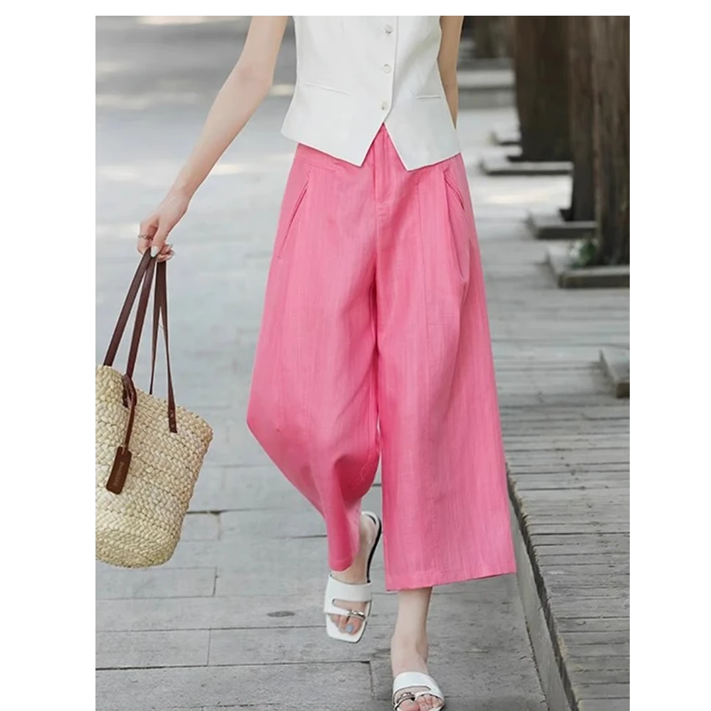 亚麻阔腿裤女夏季薄款2025新款慵懒风高腰宽松垂感八分天丝风琴裤