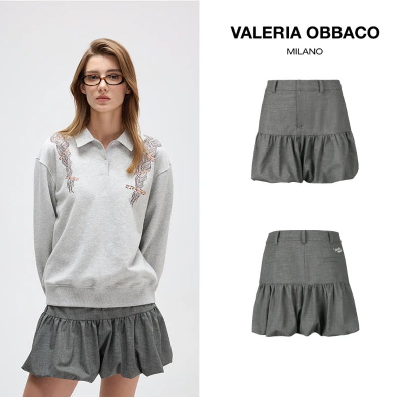 VALERIAOBBACO/瓦莱丽娅 奥贝科灰色碎褶花苞裙女装潮牌显瘦时尚