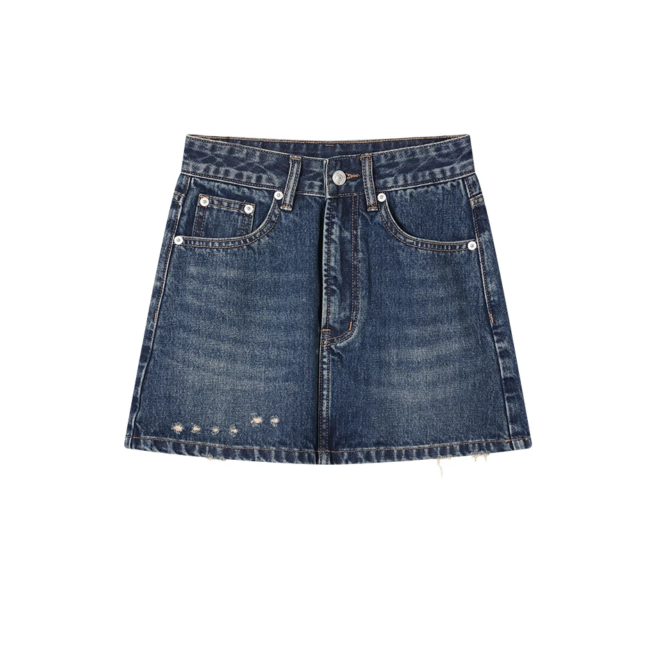 美式复古a字破洞包臀休闲牛仔短裙 502