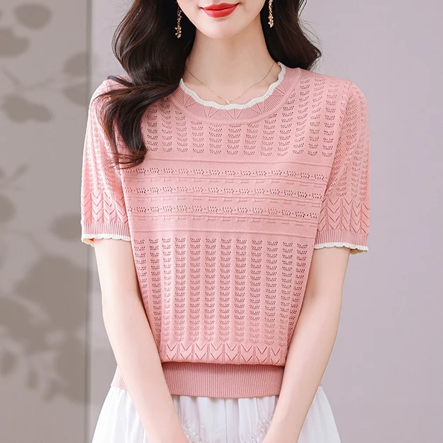 【天丝】洋气镂空圆领小衫2025新款夏薄款爆款短袖女宽松显瘦妈妈装