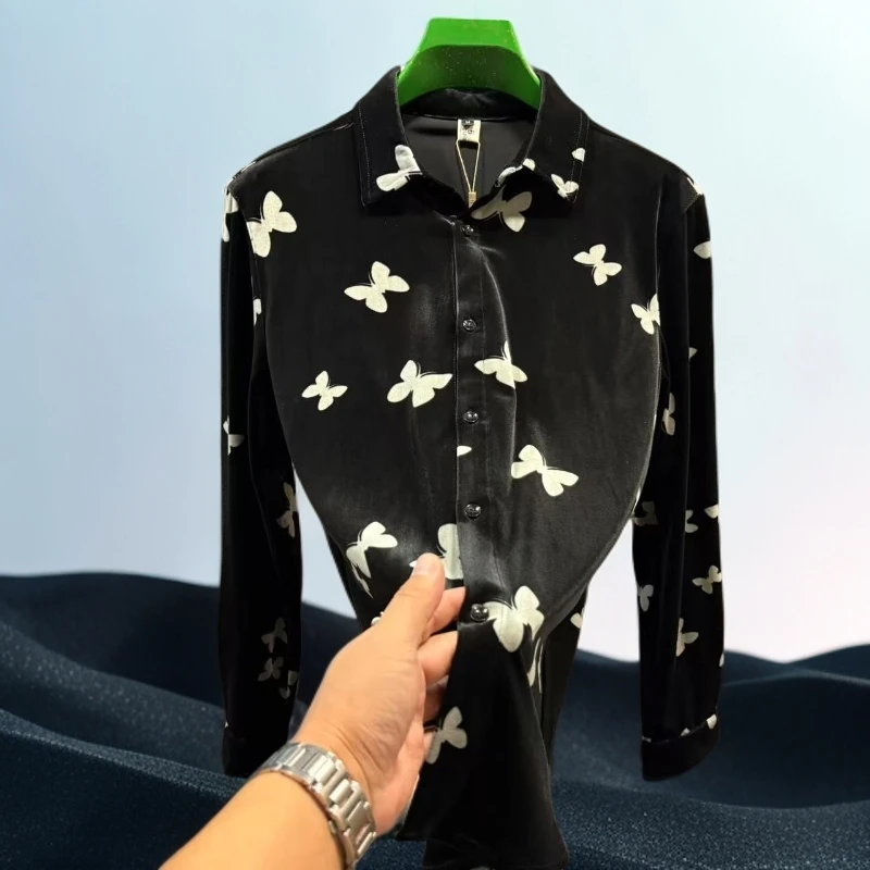 【轻奢】男士秋季金丝绒翻领长袖衬衫商务休闲百搭