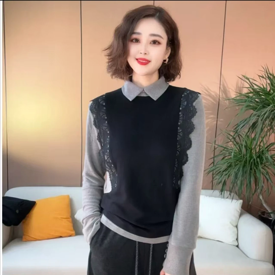 秋冬拼色花边衬衫打底领双面加绒衬衣保暖显瘦休闲女士上衣1110