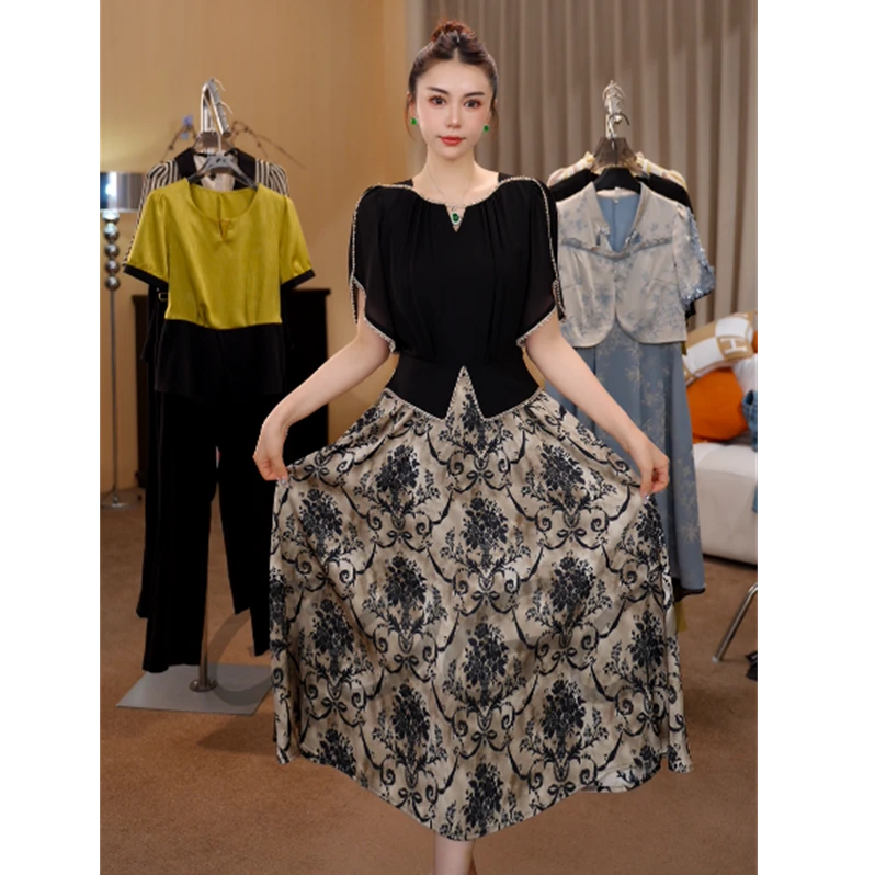 贵族千金 G6609连衣裙2025新款气质显瘦中长裙假两件黑色裙子