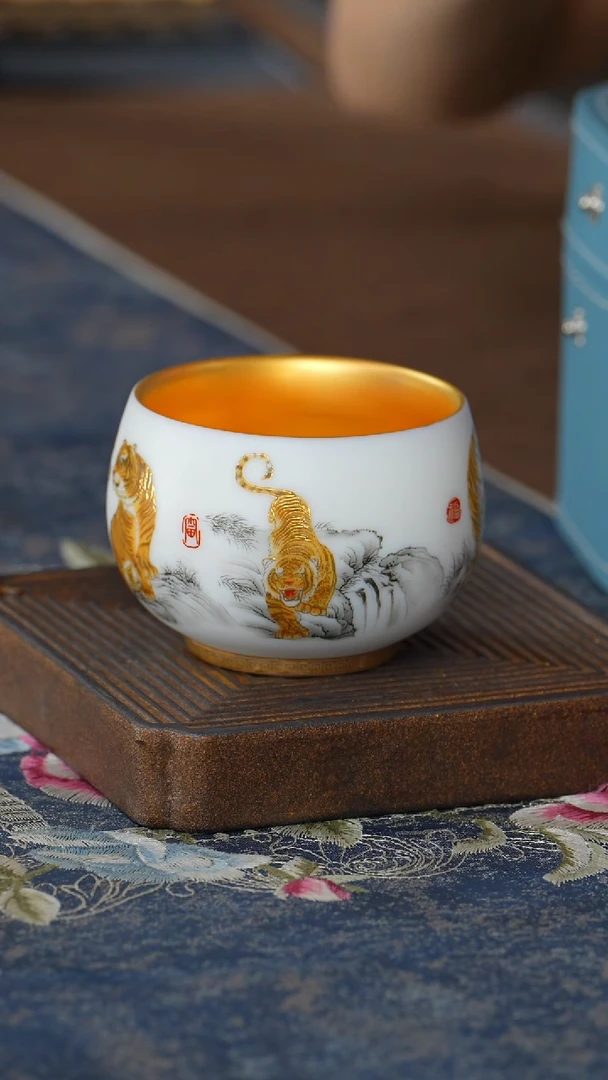 【鎏金水墨五虎杯（叶子）】【蓝12西