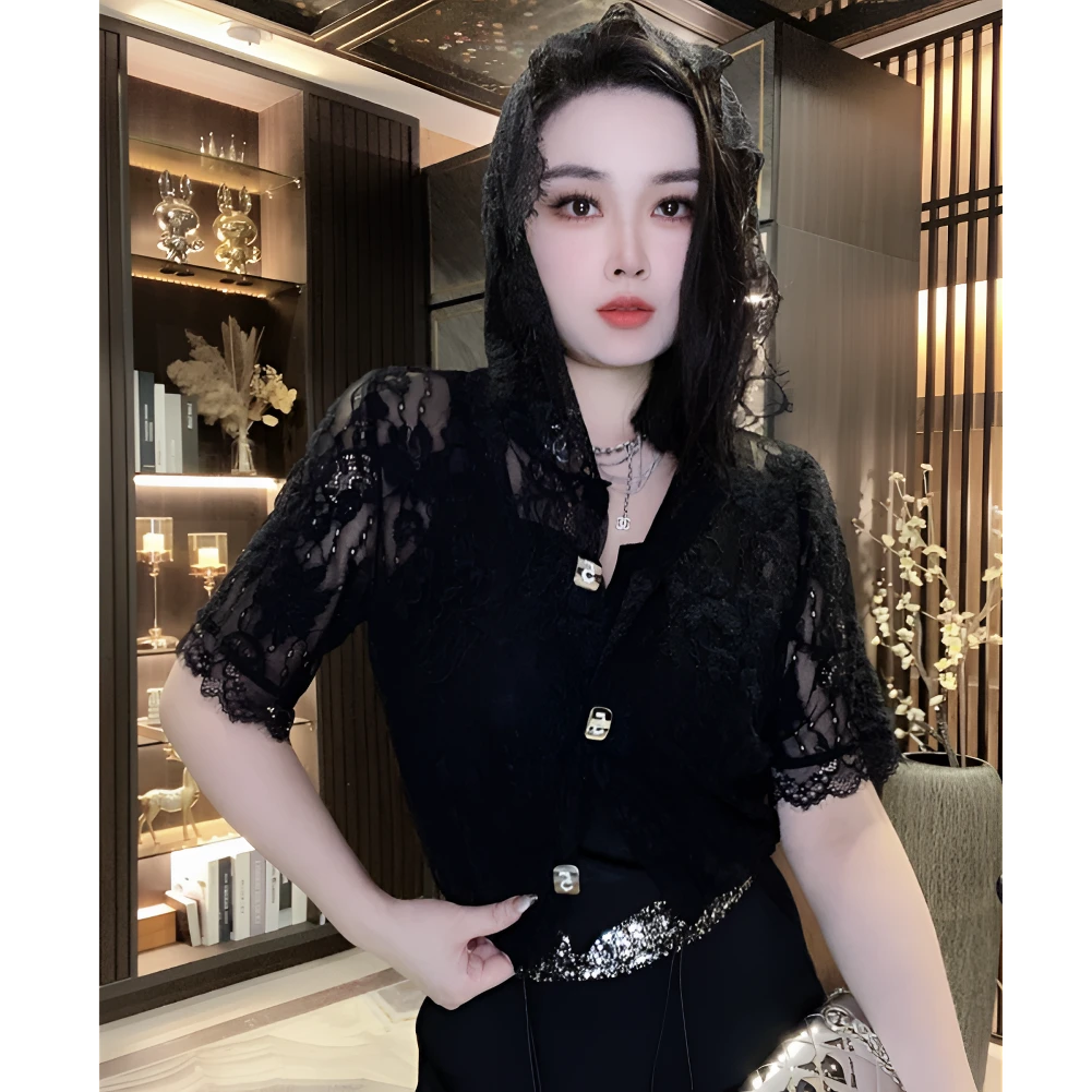 重工轻奢ins气质蕾丝外套短袖时尚显瘦炸街小众百搭黑色