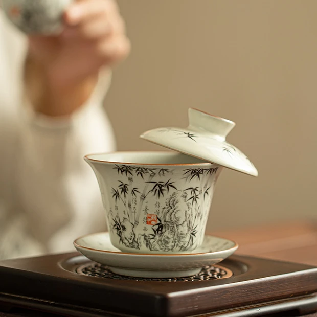 汝窑手工三才盖碗高档茶具家用功夫茶杯套组