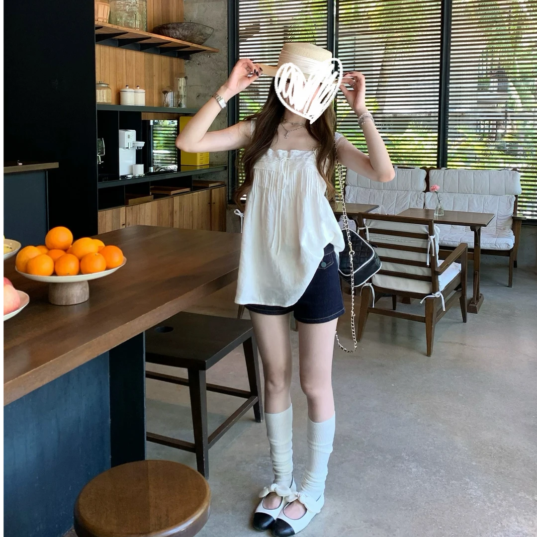 FCYSTUIDOHZJ木浦夏日 白色蕾丝无袖衬衫女夏设计感法式亚麻上衣
