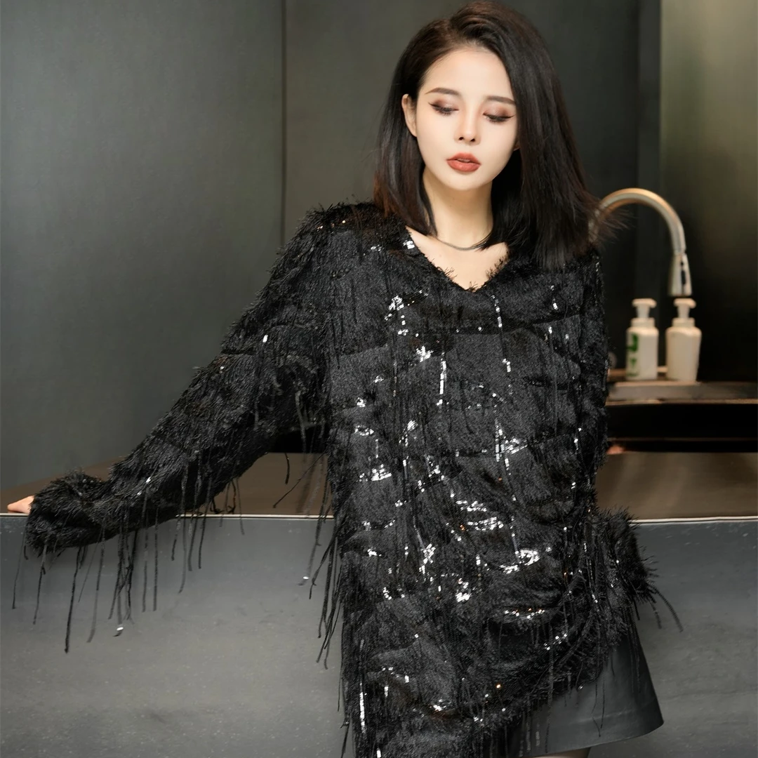 POPULARYW【珠帘摇光】Z·R上品屋 时尚V领设计感亮片流苏垫肩衬衣