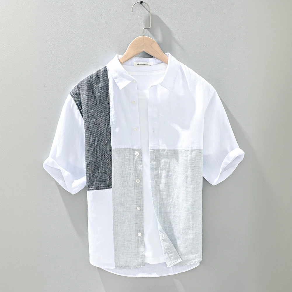 设计感拼接舒适麻料2025夏季薄款麻料拼接休闲日系短袖衬衫男复古
