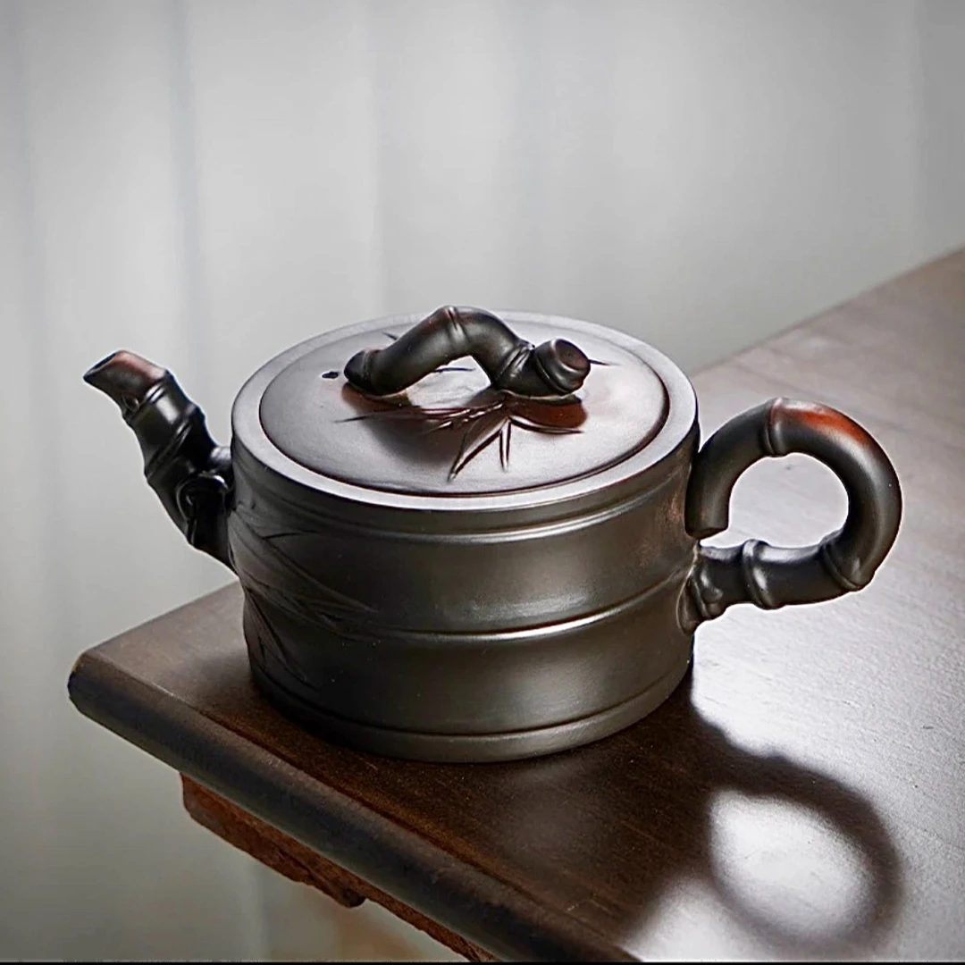 建水紫陶凤鸣竹节壶纯手工复古浮雕功夫茶具泡茶壶陶瓷H23
