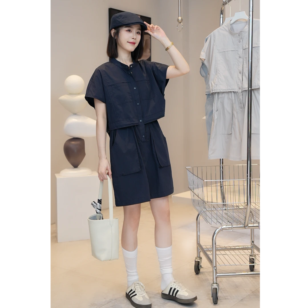 【YUE YUE】夏季新款宽松时尚工装假两件小个子连衣裙D437