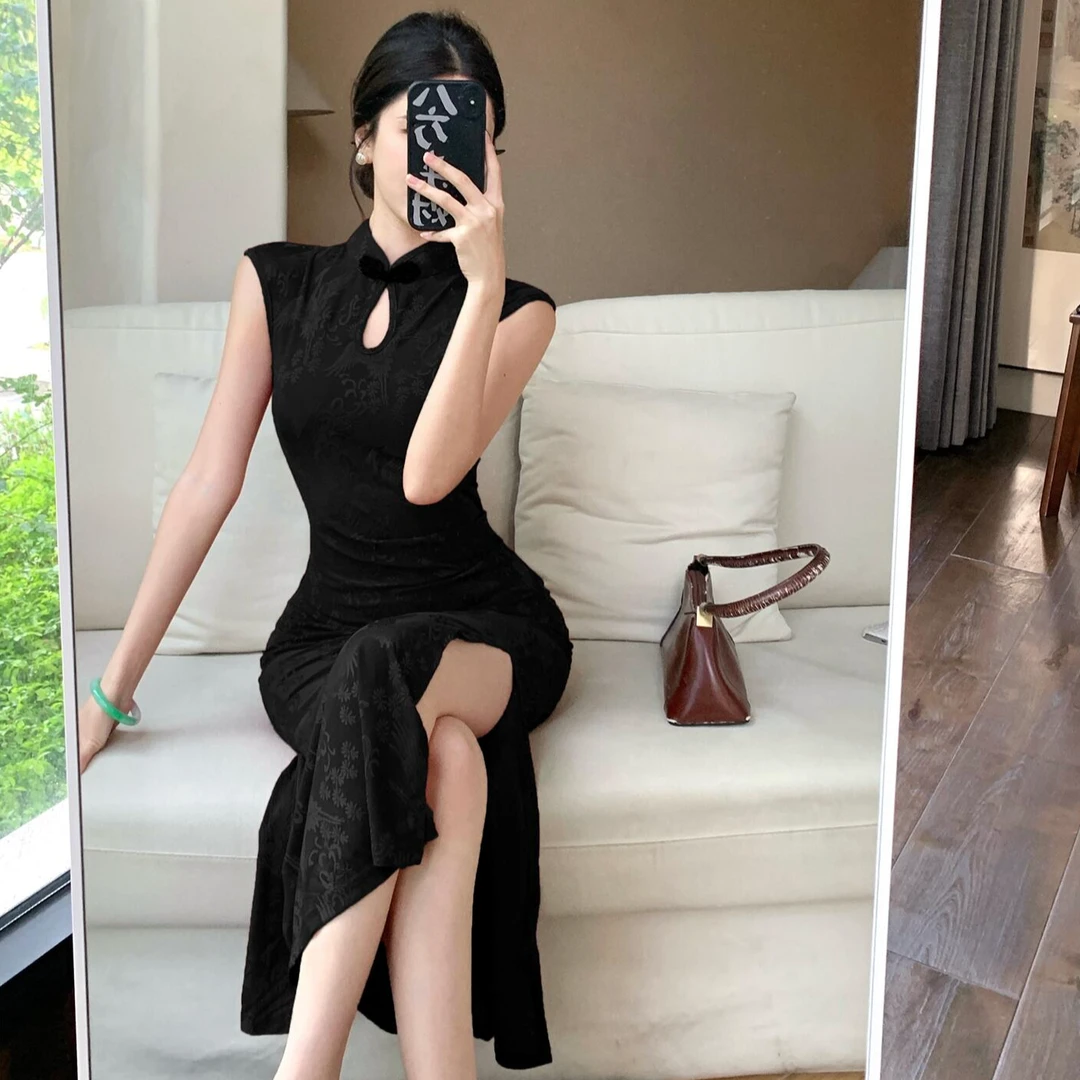 新中式赫本风黑色提花改良旗袍连衣裙御姐气质高级感收腰包臀长裙