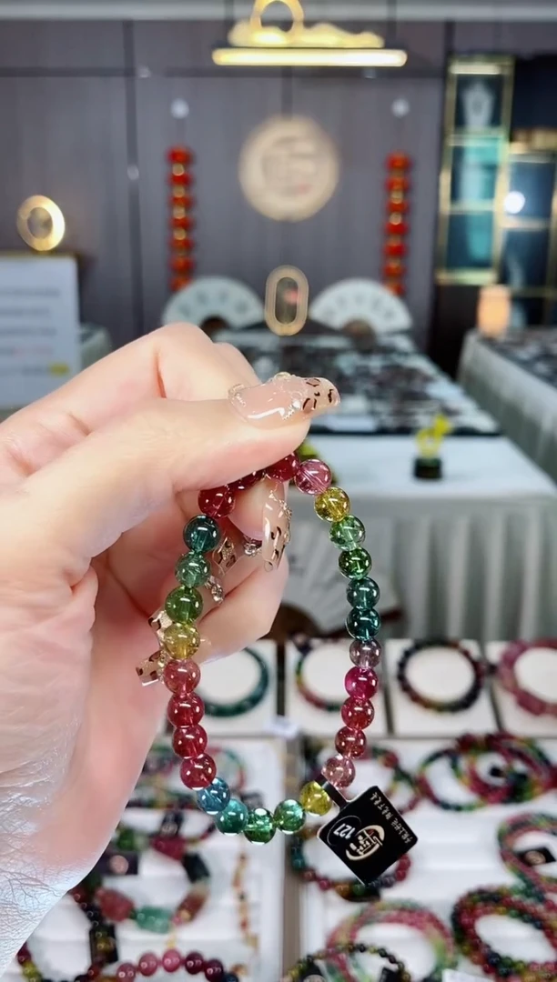 老矿碧玺色标彩虹净体单圈手串6mm+未镶嵌碧玺dan一物一证