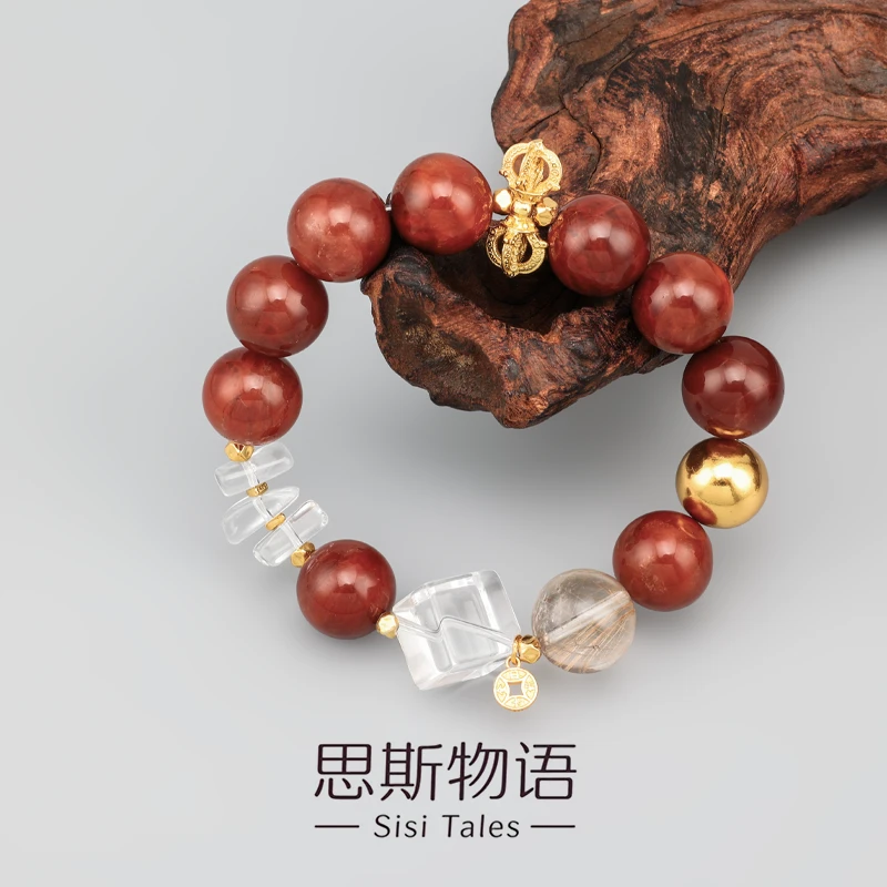 自然明珠【红浆果】红兔毛维纳斯金发水晶手串设计款S925银饰手链