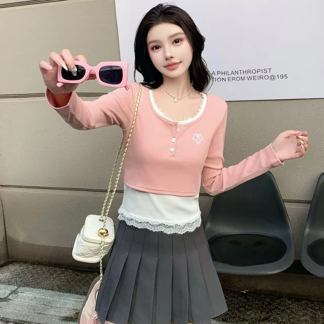 2515*洋气小衫蕾丝假两件短款上衣长袖t恤衫【衣长约50】