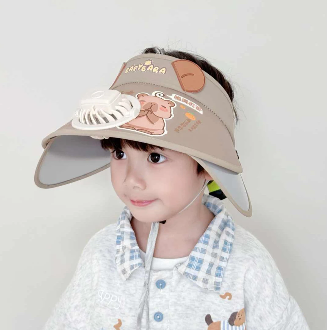 卡皮巴拉儿童帽子带风扇遮阳帽空顶防晒帽男童女孩新款夏季太阳帽