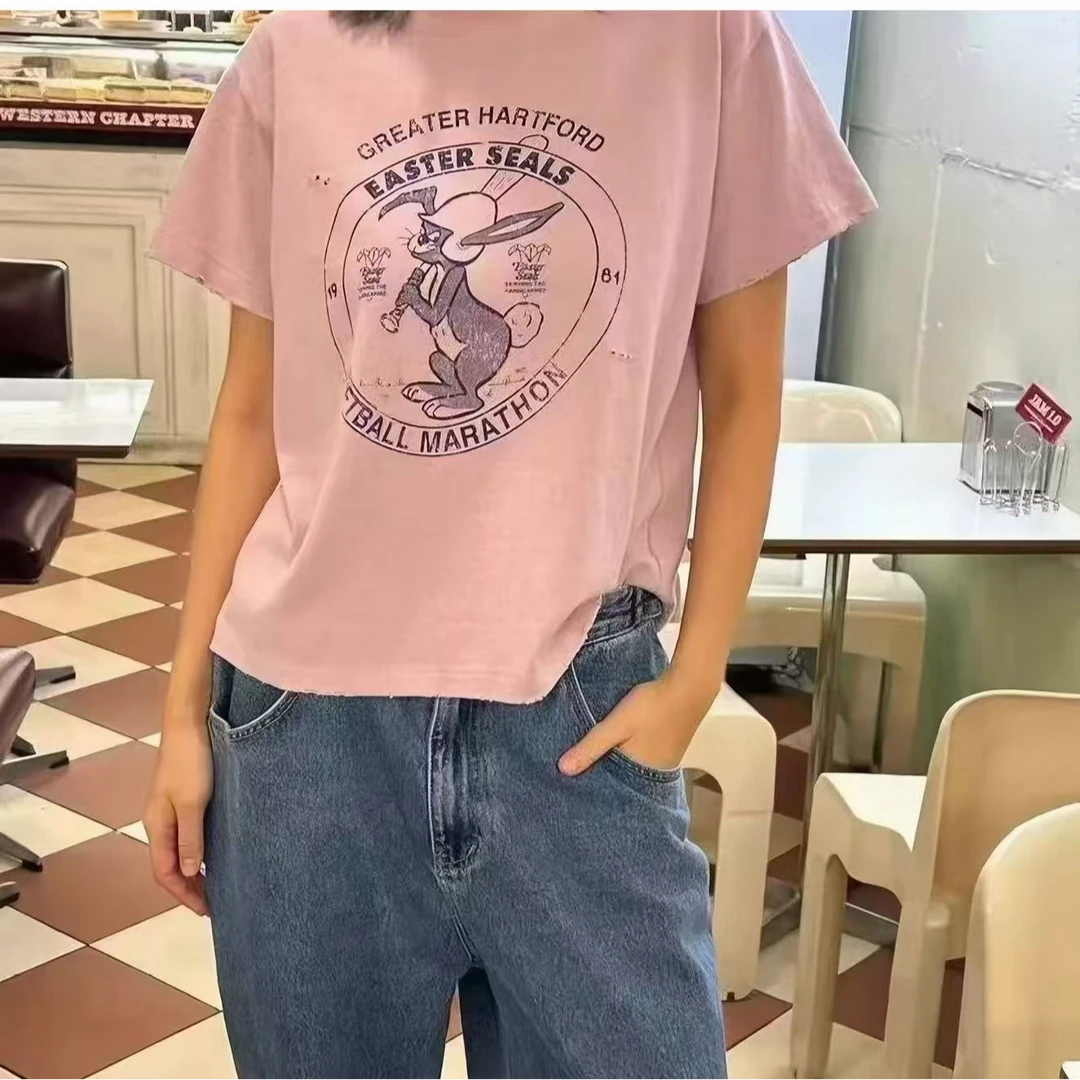 东大门 26夏季新款兔八哥字母印花破洞短袖T恤女