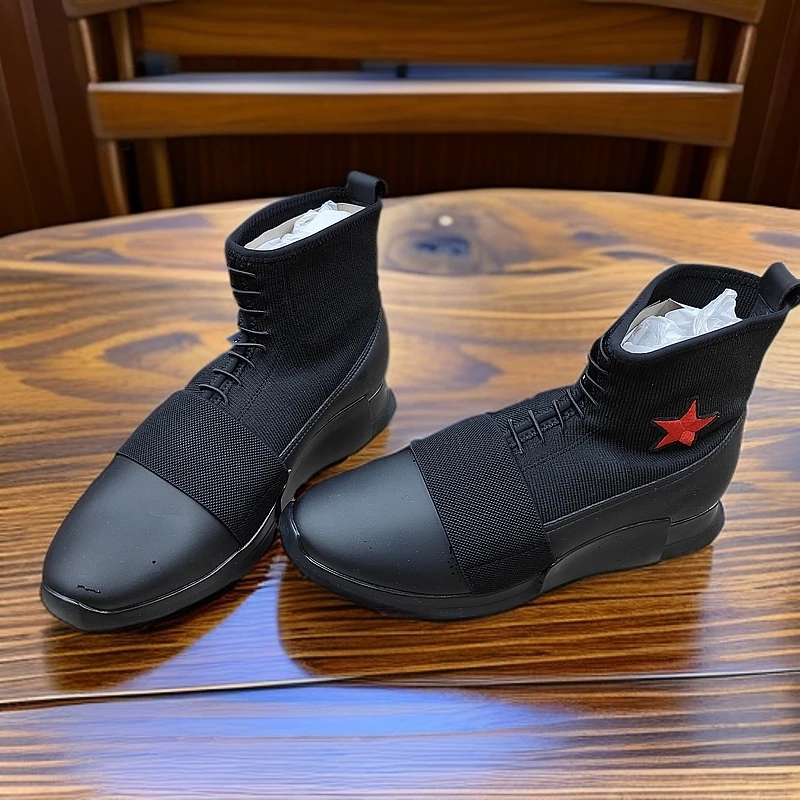 撤柜秋季皮布拼接黑色潮酷系带尖头男士运动休闲高帮鞋62018