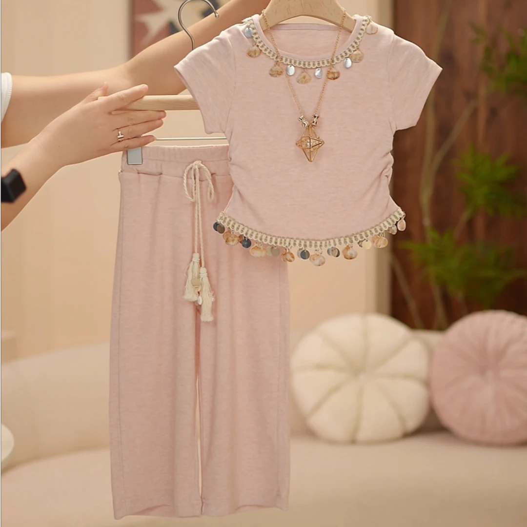 2025夏季女童新款休闲风套装时尚洋气韩版宽松流苏阔腿