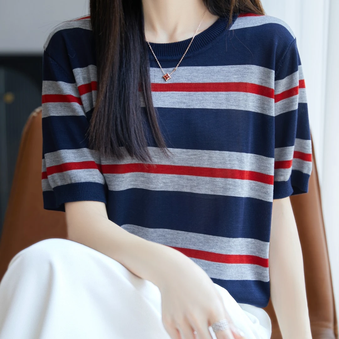 100%莱赛尔天丝条纹撞色短袖T恤上衣女2025夏季新款